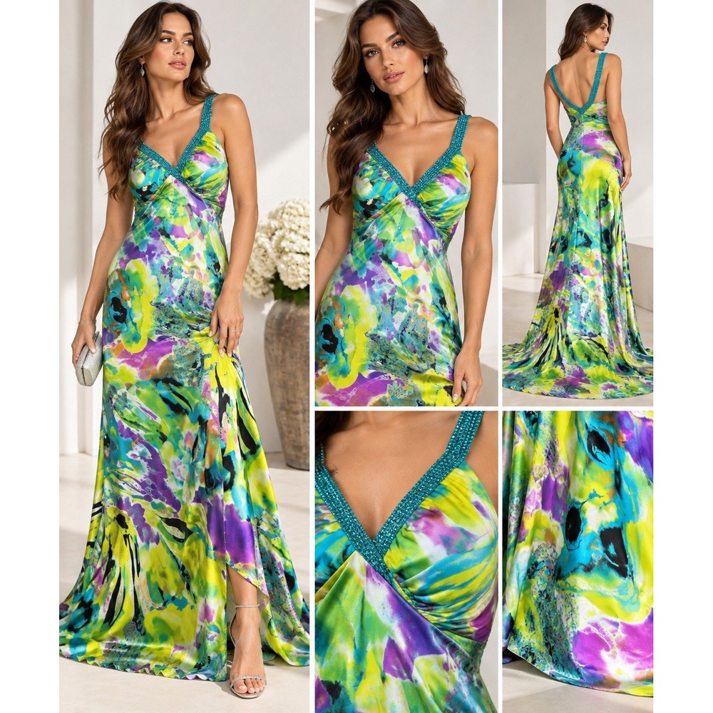 Speechless Maxi Gown Beaded V-Neck Open Back Abstract Floral Large (15-73)new